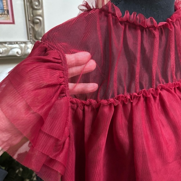 ON 34TH RED RUFFLE TULLE SHEER BABY DOLL FLUTTER SLEEVE DRESSY TOP/BLOUSE SZ 0X - Picture 5 of 13